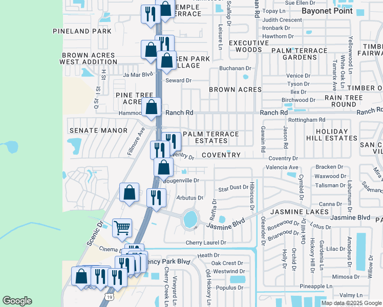map of restaurants, bars, coffee shops, grocery stores, and more near 7125 Coventry Dr in Port Richey