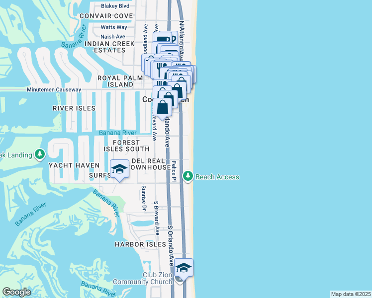 map of restaurants, bars, coffee shops, grocery stores, and more near 249 South Atlantic Avenue in Cocoa Beach
