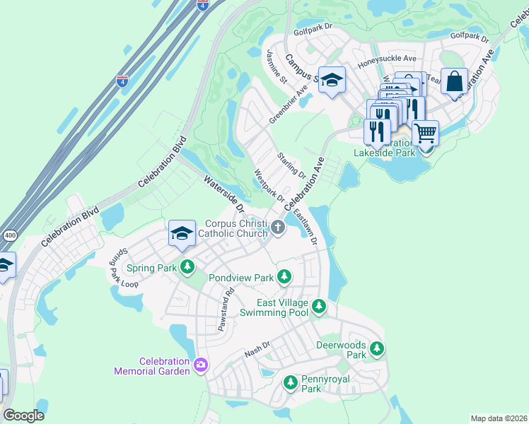 map of restaurants, bars, coffee shops, grocery stores, and more near 706 Westpark Drive in Kissimmee