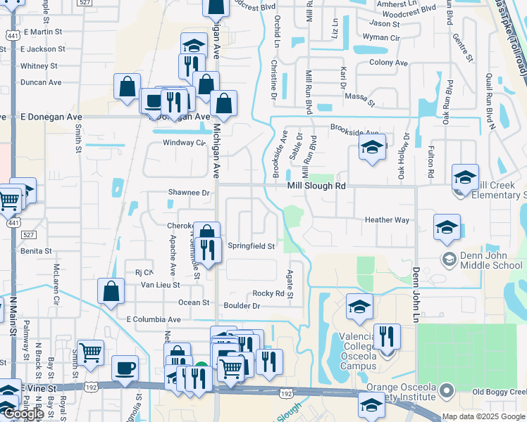 map of restaurants, bars, coffee shops, grocery stores, and more near 1380 Meadowbrook Street in Kissimmee