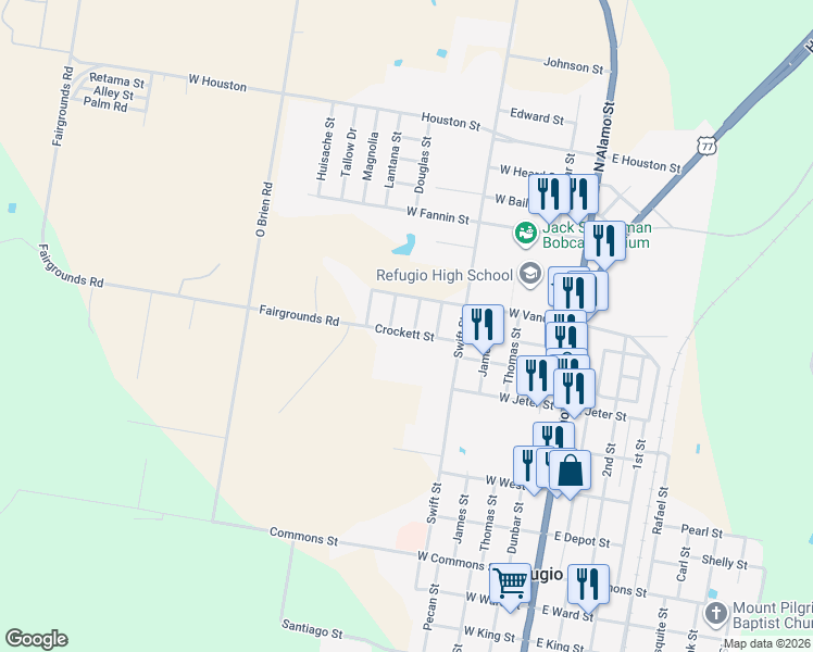 map of restaurants, bars, coffee shops, grocery stores, and more near 601 Kate Street in Refugio