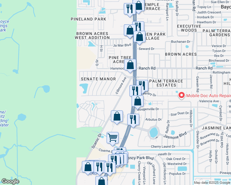 map of restaurants, bars, coffee shops, grocery stores, and more near 10801 Fillmore Avenue in Port Richey