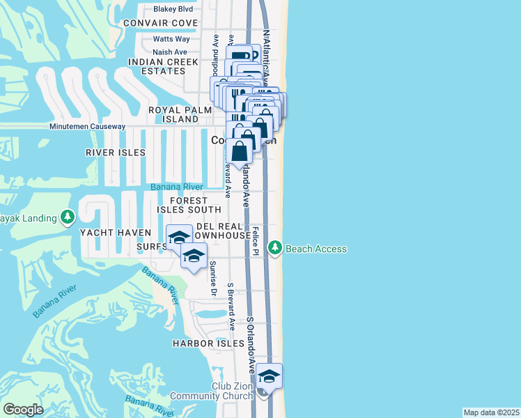 map of restaurants, bars, coffee shops, grocery stores, and more near 249 South Atlantic Avenue in Cocoa Beach