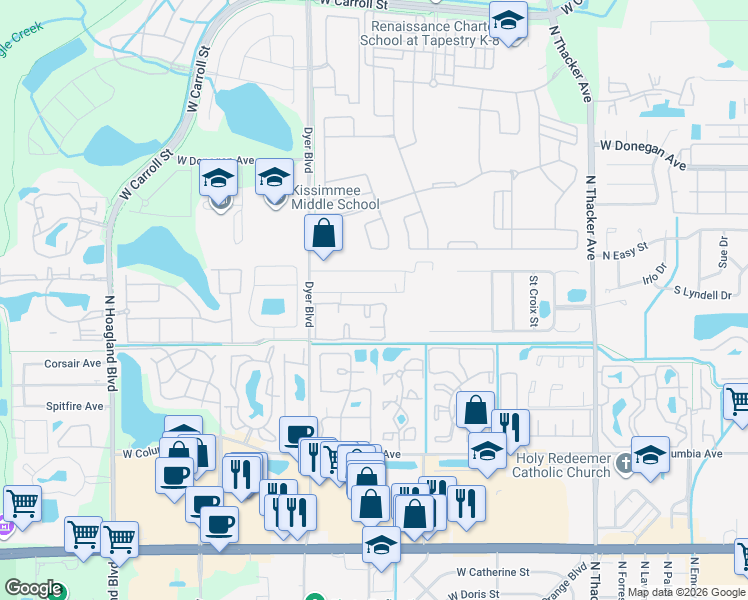 map of restaurants, bars, coffee shops, grocery stores, and more near 2902 West Fox Squirrel Drive in Kissimmee