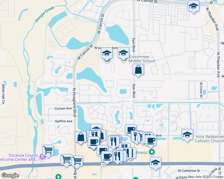 map of restaurants, bars, coffee shops, grocery stores, and more near 2344 Pebble Brook Road in Kissimmee