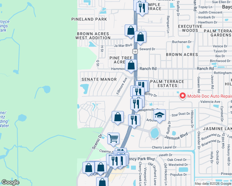 map of restaurants, bars, coffee shops, grocery stores, and more near 10802 Congressional Drive in Port Richey