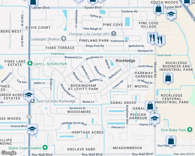 map of restaurants, bars, coffee shops, grocery stores, and more near 976 Bellaire Lane in Rockledge