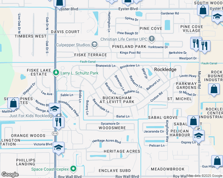 map of restaurants, bars, coffee shops, grocery stores, and more near 962 Bartlett Lane in Rockledge