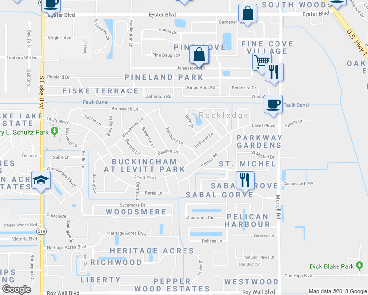 map of restaurants, bars, coffee shops, grocery stores, and more near 983 Bayberry Lane in Rockledge