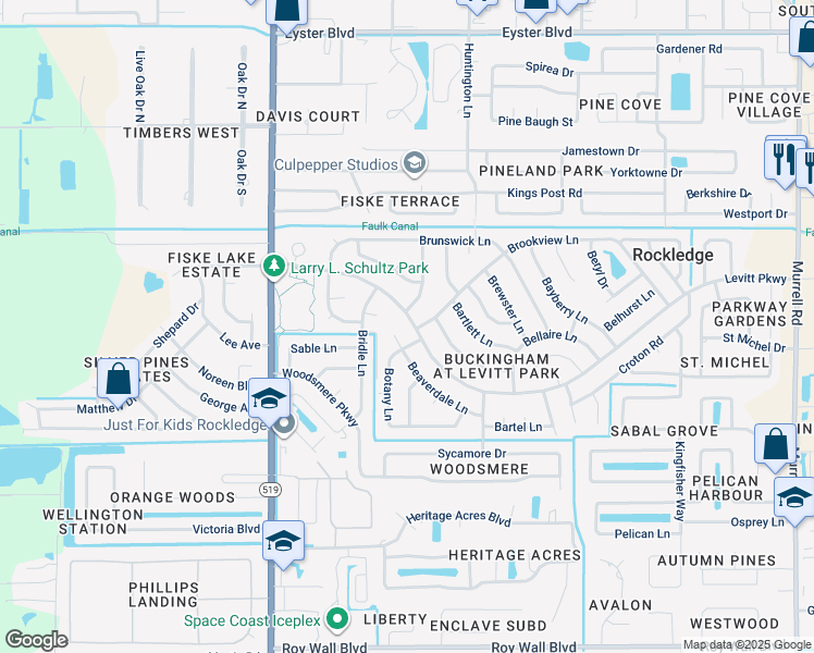 map of restaurants, bars, coffee shops, grocery stores, and more near 937 Levitt Pkwy in Rockledge