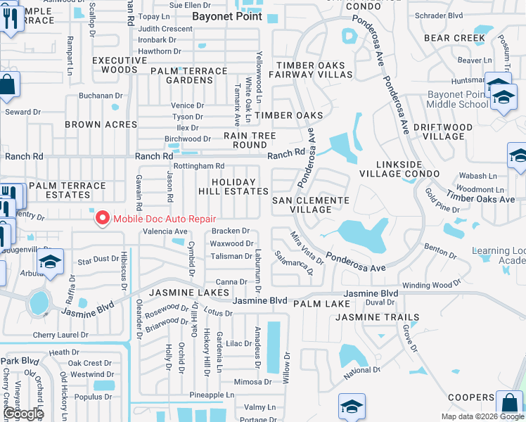 map of restaurants, bars, coffee shops, grocery stores, and more near 10800 Queens Road in Port Richey