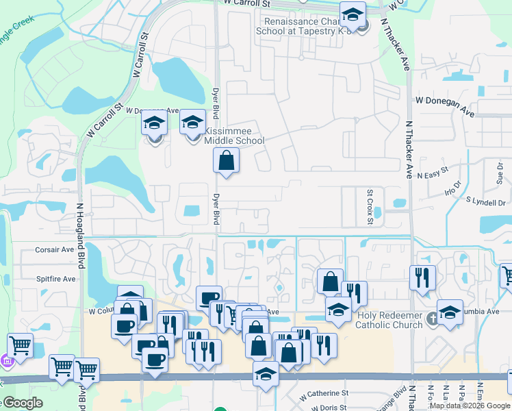 map of restaurants, bars, coffee shops, grocery stores, and more near 3002 West Fox Squirrel Drive in Kissimmee