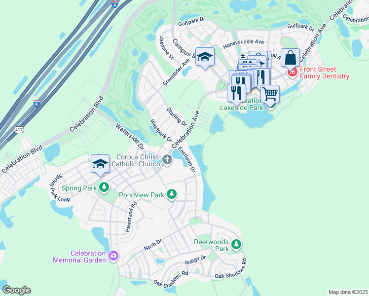 map of restaurants, bars, coffee shops, grocery stores, and more near 705 Eastlawn Drive in Celebration