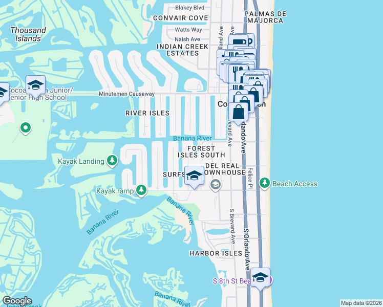 map of restaurants, bars, coffee shops, grocery stores, and more near 52 Riverview Lane in Cocoa Beach