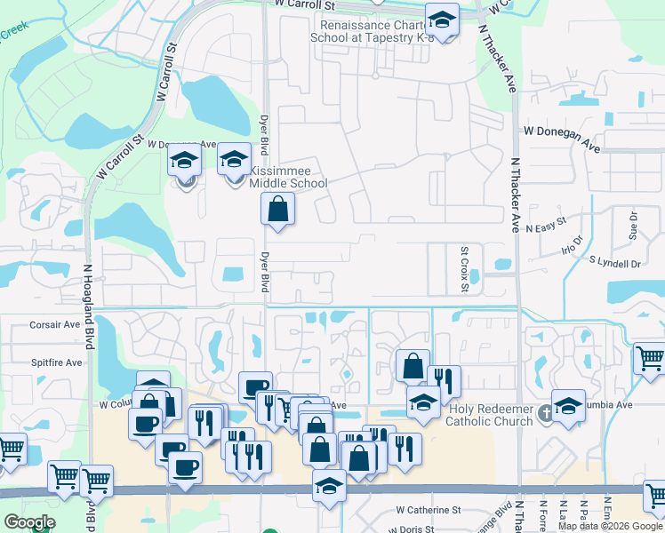 map of restaurants, bars, coffee shops, grocery stores, and more near 2902 West Fox Squirrel Drive in Kissimmee