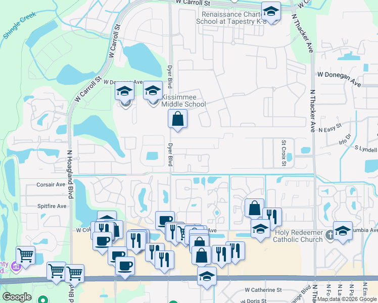 map of restaurants, bars, coffee shops, grocery stores, and more near 3102 West Fox Squirrel Drive in Kissimmee