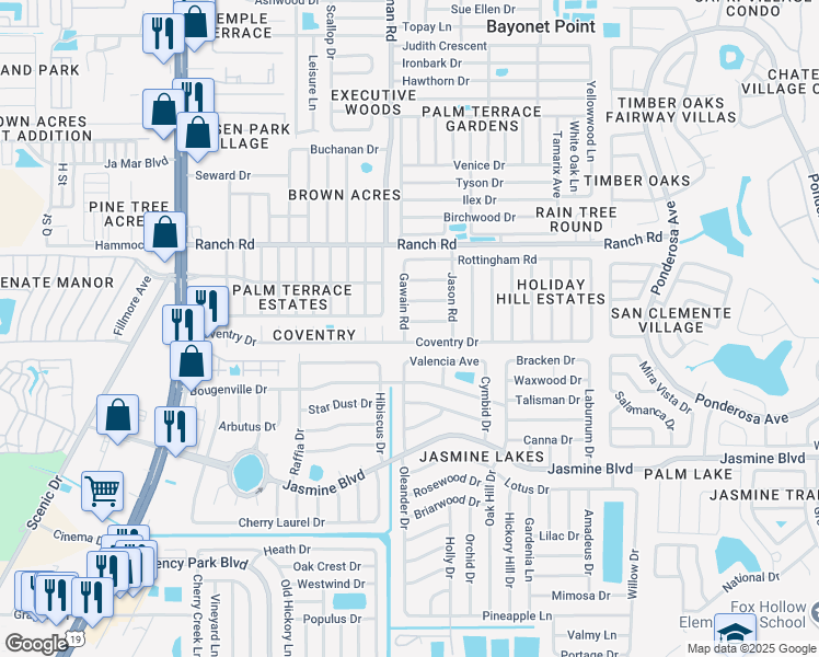 map of restaurants, bars, coffee shops, grocery stores, and more near 7514 Camelot Road in Port Richey