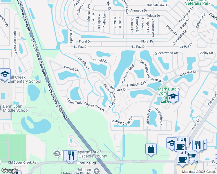 map of restaurants, bars, coffee shops, grocery stores, and more near 2046 Shannon Lakes Boulevard in Kissimmee