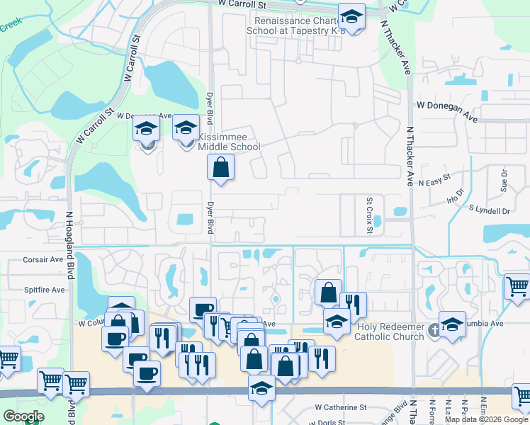 map of restaurants, bars, coffee shops, grocery stores, and more near 2902 West Fox Squirrel Drive in Kissimmee