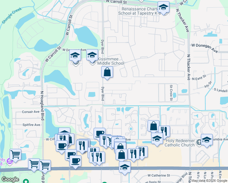 map of restaurants, bars, coffee shops, grocery stores, and more near 3102 West Fox Squirrel Drive in Kissimmee