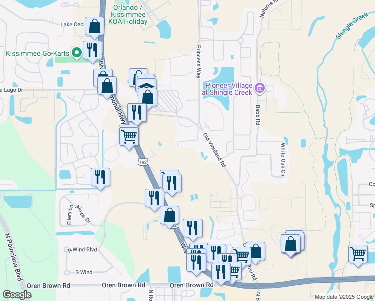 map of restaurants, bars, coffee shops, grocery stores, and more near 2410 Old Vineland Road in Kissimmee