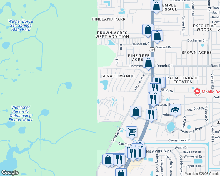 map of restaurants, bars, coffee shops, grocery stores, and more near 10802 Union Drive in Port Richey