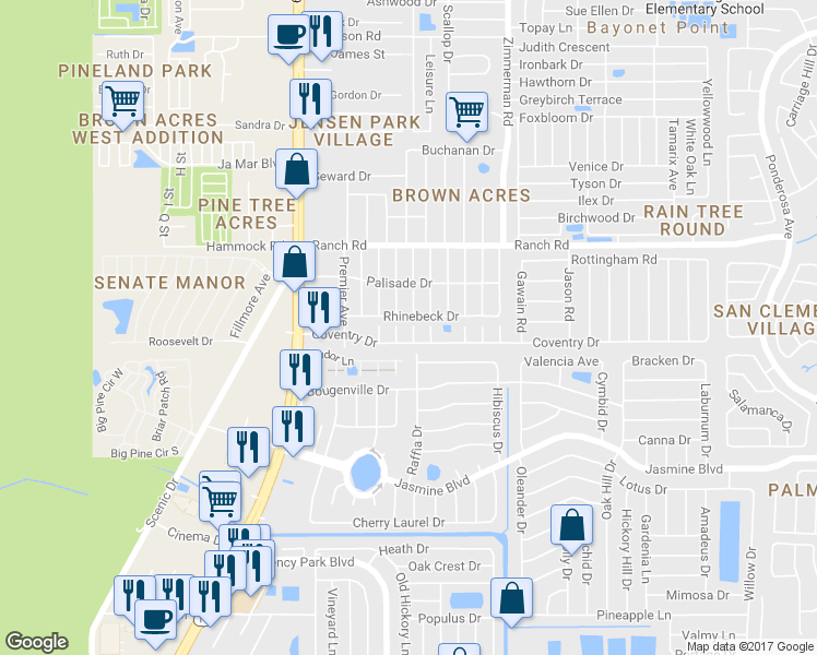 map of restaurants, bars, coffee shops, grocery stores, and more near 10805 Corinth Street in Port Richey
