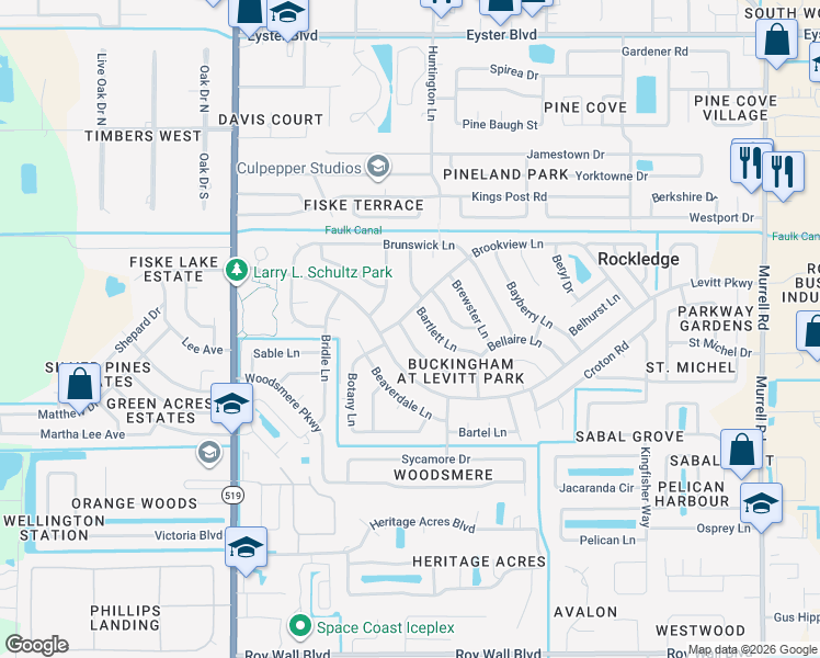 map of restaurants, bars, coffee shops, grocery stores, and more near 954 Beechfern Lane in Rockledge