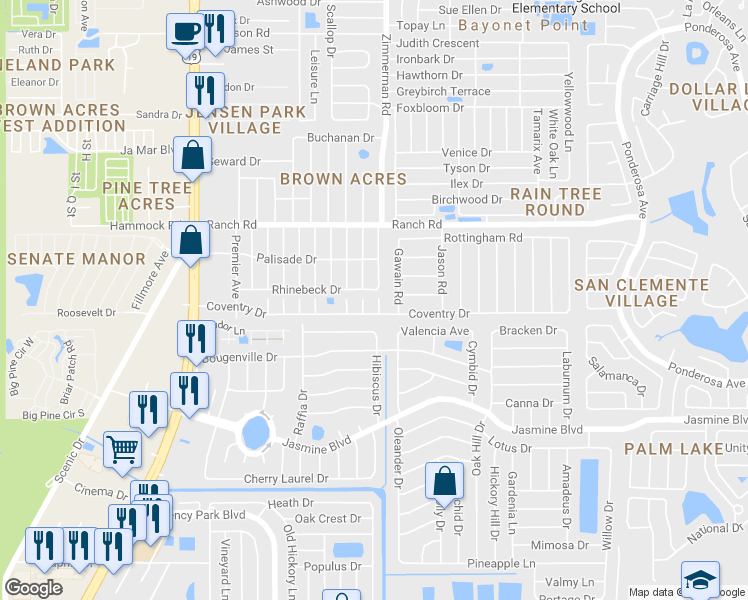 map of restaurants, bars, coffee shops, grocery stores, and more near 10802 Hyssop Street in Port Richey