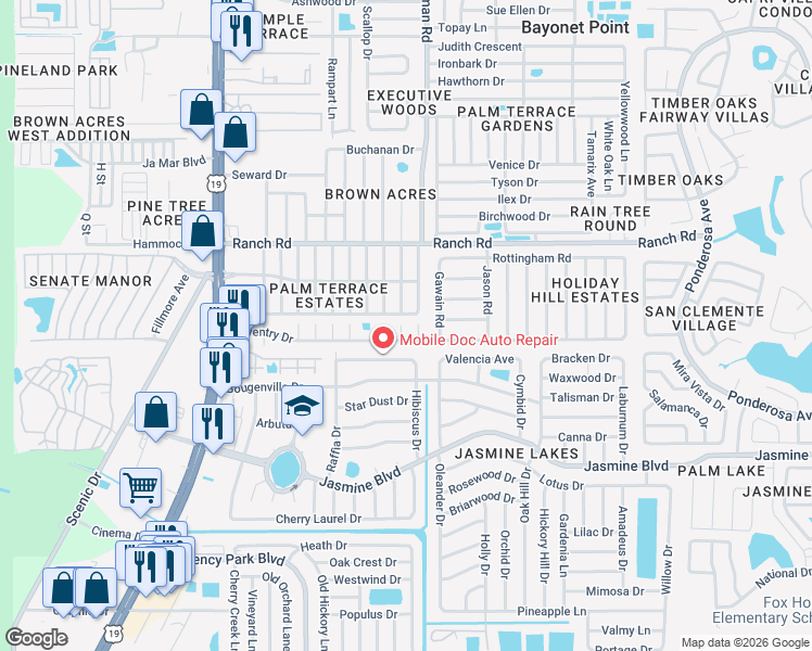 map of restaurants, bars, coffee shops, grocery stores, and more near 10802 Hale Street in Port Richey