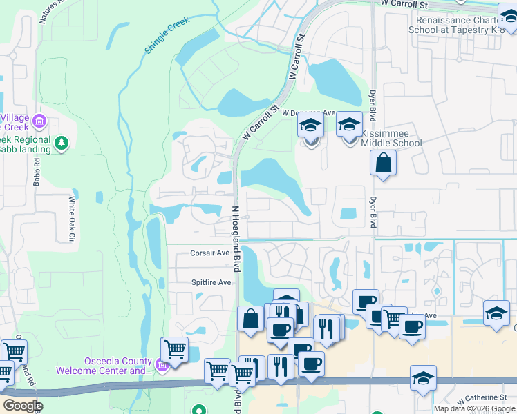 map of restaurants, bars, coffee shops, grocery stores, and more near 4001 San Sebastian Drive in Kissimmee