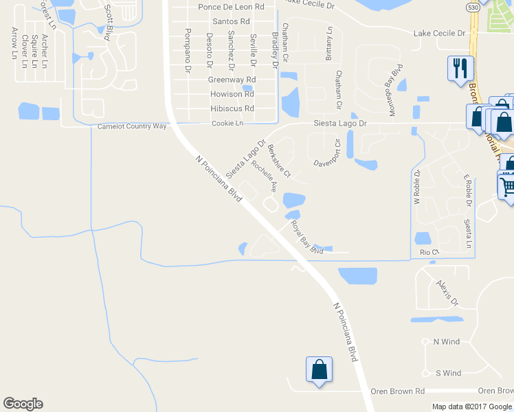 map of restaurants, bars, coffee shops, grocery stores, and more near 2340 Chadwick Circle in Kissimmee
