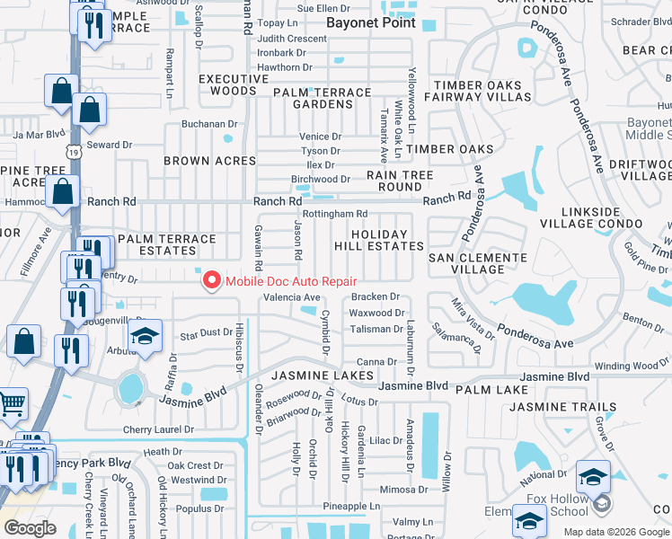 map of restaurants, bars, coffee shops, grocery stores, and more near 10804 Kingsbridge Road in Port Richey