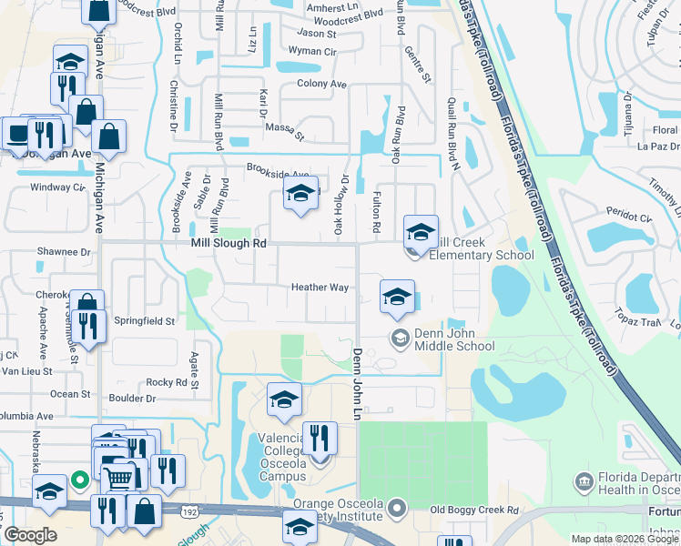 map of restaurants, bars, coffee shops, grocery stores, and more near 1574 Weeping Willow Court in Kissimmee