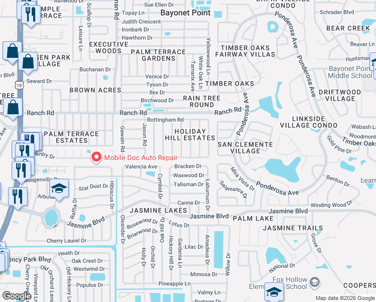 map of restaurants, bars, coffee shops, grocery stores, and more near 10804 Oldham Road in Port Richey