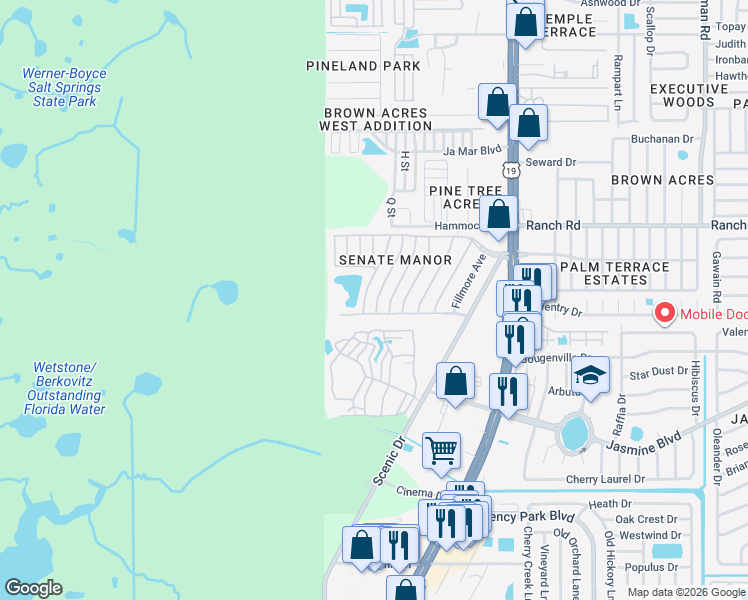 map of restaurants, bars, coffee shops, grocery stores, and more near 10802 Union Drive in Port Richey