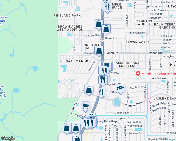 map of restaurants, bars, coffee shops, grocery stores, and more near 10802 Congressional Drive in Port Richey