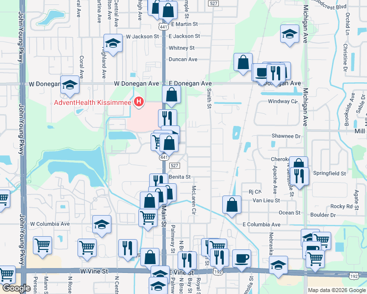 map of restaurants, bars, coffee shops, grocery stores, and more near 202 Washington Avenue in Kissimmee