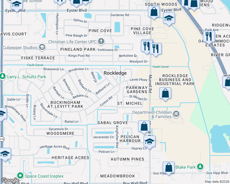 map of restaurants, bars, coffee shops, grocery stores, and more near 836 Croton Road in Rockledge