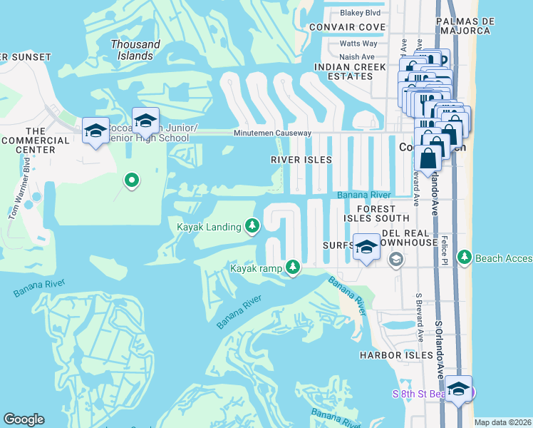 map of restaurants, bars, coffee shops, grocery stores, and more near 46 Yawl Drive in Cocoa Beach