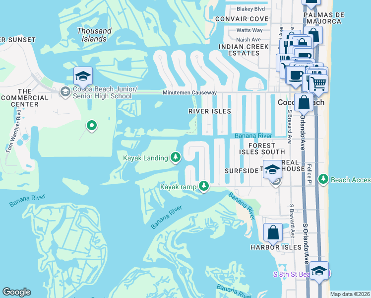 map of restaurants, bars, coffee shops, grocery stores, and more near 46 Yawl Drive in Cocoa Beach