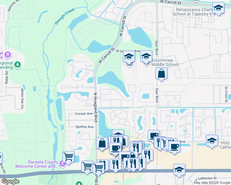 map of restaurants, bars, coffee shops, grocery stores, and more near 4014 Santa Maria Drive in Kissimmee