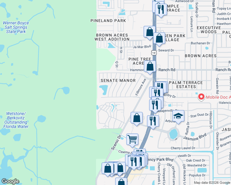 map of restaurants, bars, coffee shops, grocery stores, and more near 10801 Liberty Drive in Port Richey