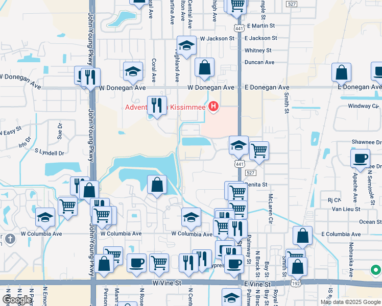 map of restaurants, bars, coffee shops, grocery stores, and more near 207-219 Park Pl Blvd in Kissimmee
