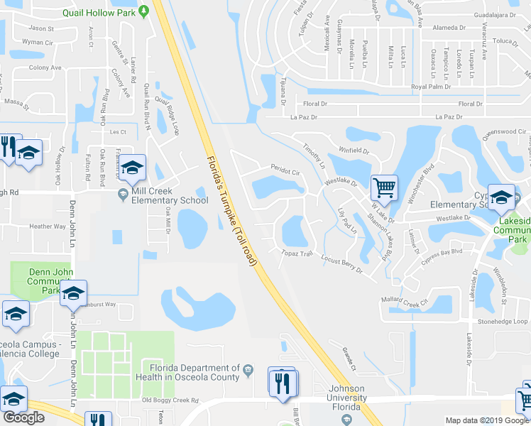 map of restaurants, bars, coffee shops, grocery stores, and more near 1920 Peridot Circle in Kissimmee