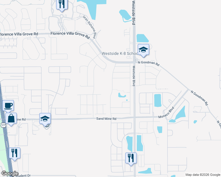 map of restaurants, bars, coffee shops, grocery stores, and more near 2408 White Poppy Drive in Kissimmee