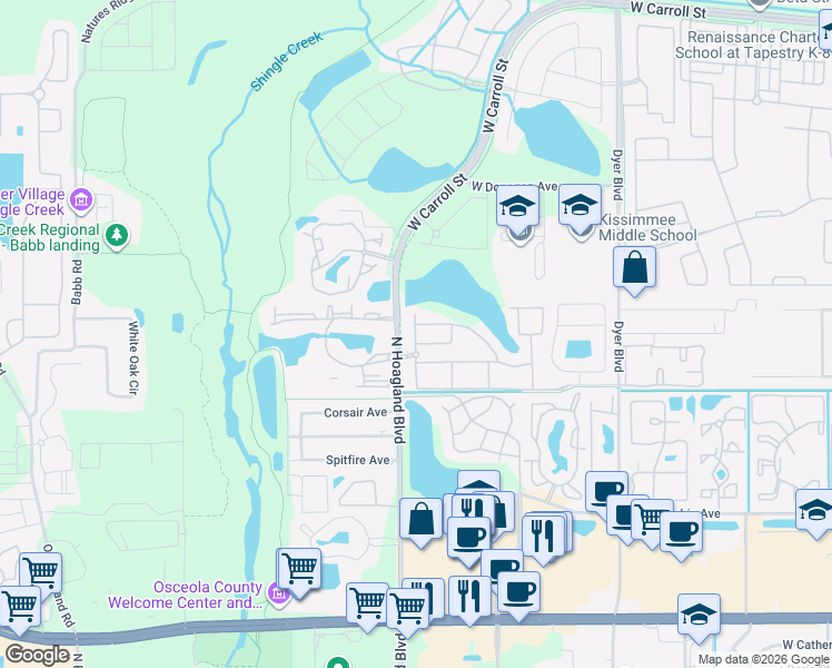 map of restaurants, bars, coffee shops, grocery stores, and more near San Vital Drive in Kissimmee