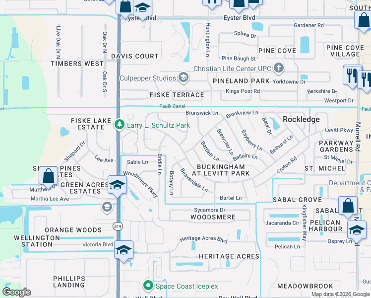 map of restaurants, bars, coffee shops, grocery stores, and more near 937 Levitt Parkway in Rockledge