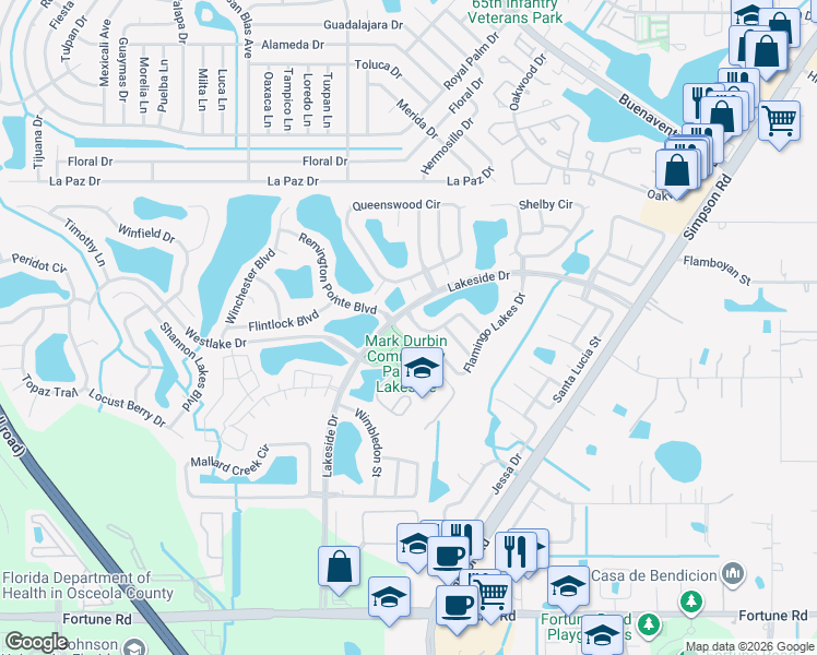 map of restaurants, bars, coffee shops, grocery stores, and more near 2251 Lakeside Drive in Kissimmee