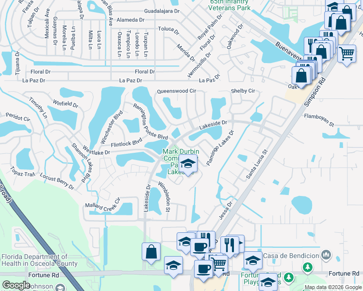 map of restaurants, bars, coffee shops, grocery stores, and more near 2251 Lakeside Drive in Kissimmee